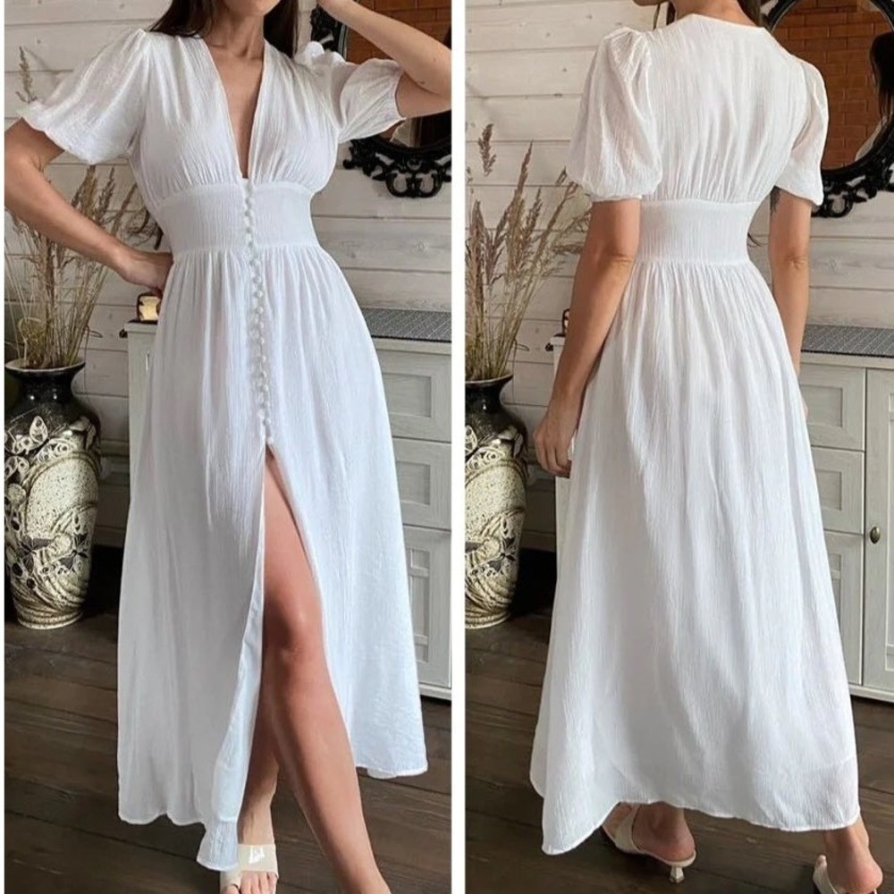 NEW!! Commense Frenchy Button Puff Sleeve Corset Maxi Dress White LARGE Bridal
